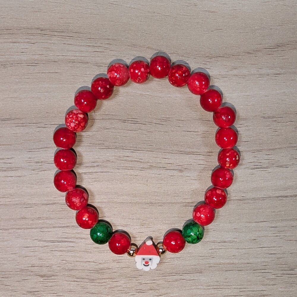 Red Bead Christmas Bracelet Santa Charm Stretch Holiday Jewelry